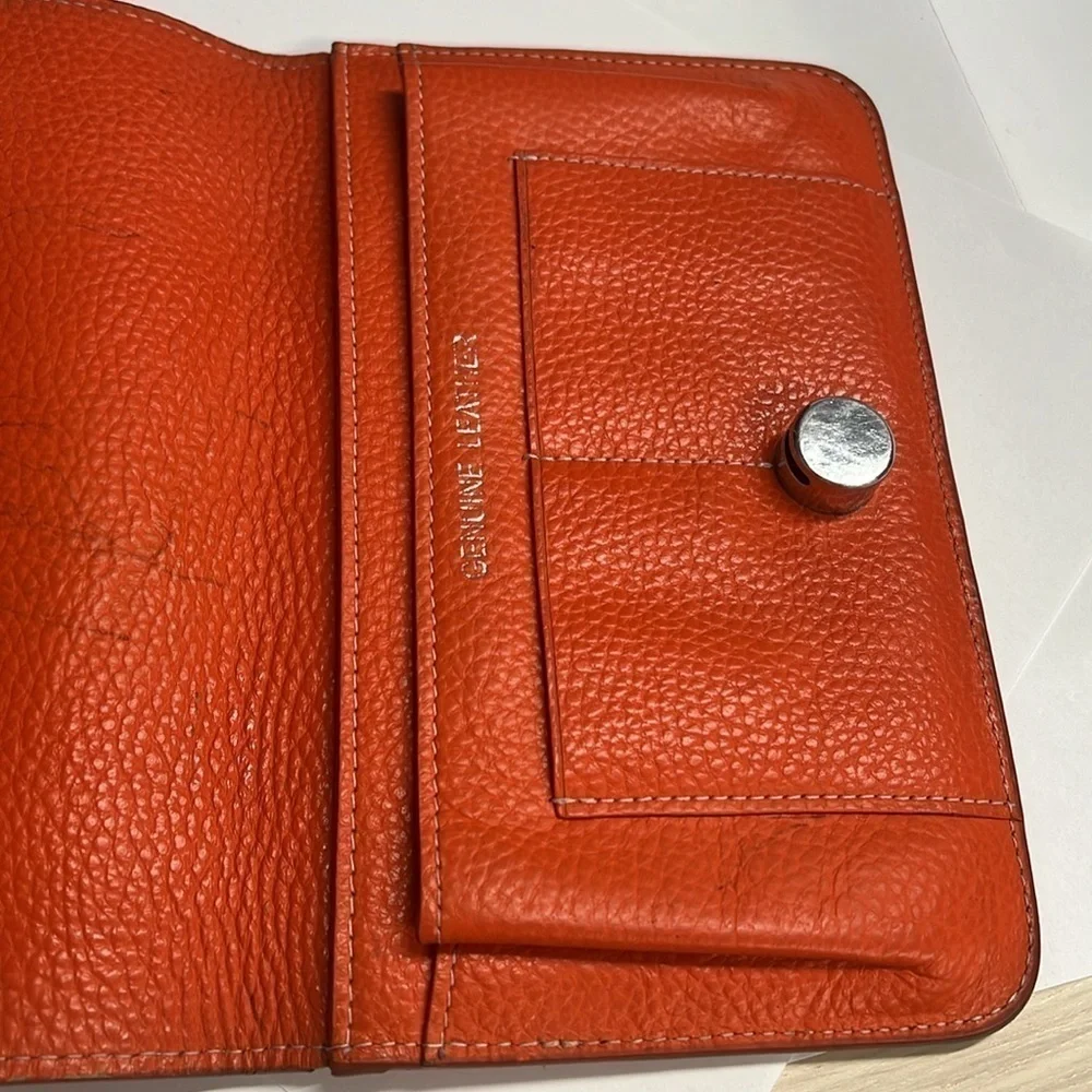 Orange Italian Pebbled Leather Pull Through Closure Clutch Wallet 7.5 x 4.5